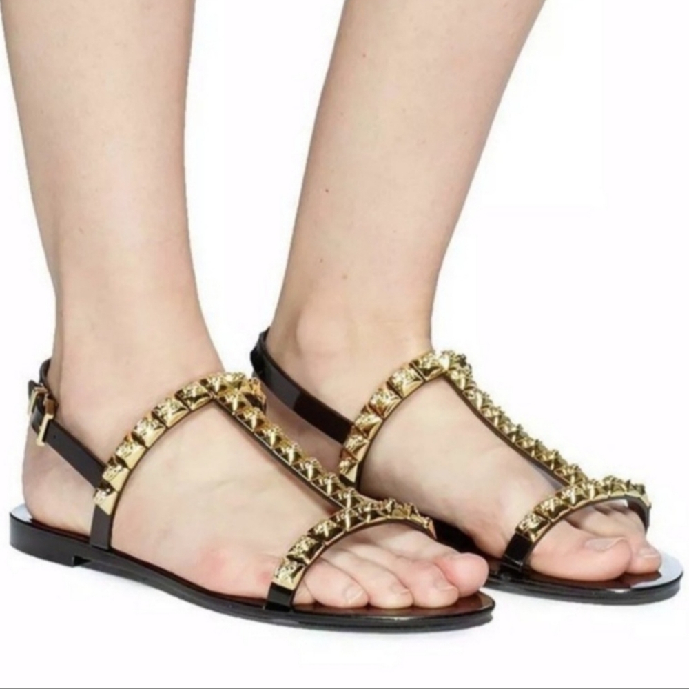 Stuart Weitzman Black and Gold Women's Jelrose Studded T-Strap Sandals